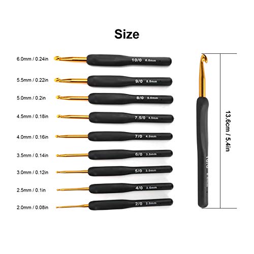 9Pcs Crochet Hook Set 2.0mm - 6.0mm Knitting & Crochet Supplies with Ergonomic Handle Crochet Hooks Kit for Arthritic Hands Sweater Sewing Thread Black Handle Craft Accessories Knitting Tools