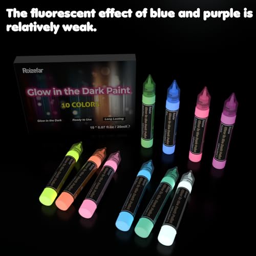Roizefar Fabric Paint, 10 Colors Glow in the Dark Paint, 3D Permanent Acrylic Textile Paint (20 ml/0.68 oz), Neon Craft Painting Fabric Paint for Clothes, Canvas, T-Shirt, Ideal for Art Supplies and