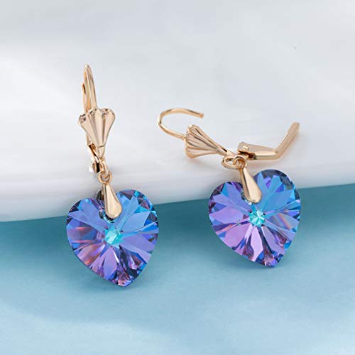 Austrian Crystal Heart Drop Leverback Earrings for Women Fashion Dangle Earring 14K Rose Gold Plated Hypoallergenic Jewelry (Vitrail Light)