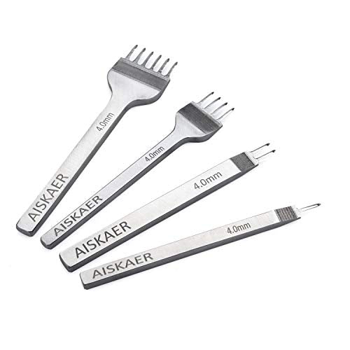 Aiskaer Leather Stitching Punch Diamond Stitching Chisel Set, 4mm White Steel 1/2/4/6 Prong for Leather Craft DIY