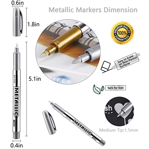 LOONENG Silver Metallic Markers, Fine Point Silver Metallic Marker Pens for Adult Coloring, Black Paper, Scrapbook, Artist Illustration, Crafts, Gift Card Making, Fabric, Photo Album, Set of 12