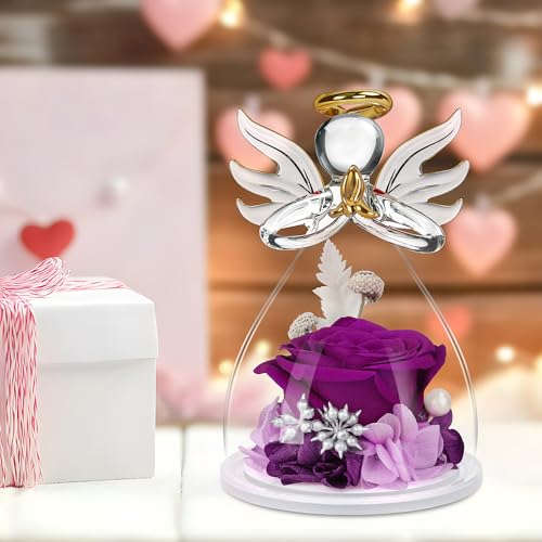 Mothers Day Mom Gifts for Her,Preserved Flowers Rose in Glass Angel Figurines,Birthday Gifts for Women,Mothers Present from Daughter,Purple Flowers Angels for Grandma Wife Sister Girlfriend Valentines