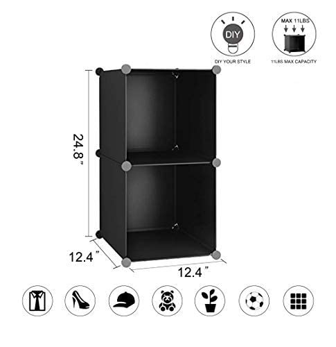 C&AHOME Cube Storage, 2-Cube Organizer Units, Plastic Closet Storage Shelves, DIY Book Shelf, Modular Bookcase, Cabinet Ideal for Bedroom, Living Room, Home Office, 12.4" L x 12.4" W x 24.8" H Black