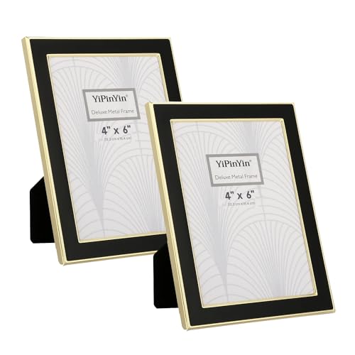 4x6'' Gold Metal Edge frames with Black Enamel set of 2, 6x4''Gold/Black Frame with Easel, Velvet Backing for Countertop, Tabletop Display, Bookshelf, Desk, 4x6''Wall Frames, (4x6'' Black/Gold)