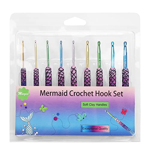 LOOEN 9pcs Magic Mermaid Crochet Hoook Solft Warm Crochet Hook Kit Complete 2.0-6.0mm Aluminum Knitting Hook for Crochet Yarn Craft (Patent Pending) (Mermaid)