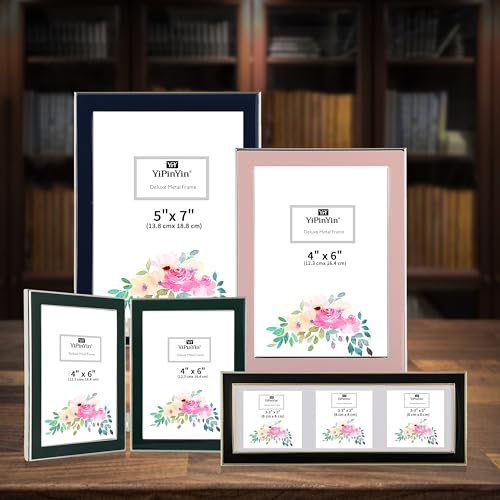 4x6'' Gold Metal Edge frames with Black Enamel set of 2, 6x4''Gold/Black Frame with Easel, Velvet Backing for Countertop, Tabletop Display, Bookshelf, Desk, 4x6''Wall Frames, (4x6'' Black/Gold)