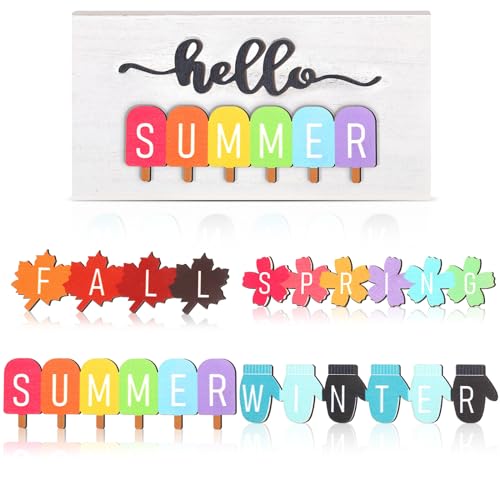 5 Pcs Hello Summer Sign Interchangeable Seasonal Sign Spring Fall Winter Tiered Tray Decor 5.9 x 3 Inch Wooden Gloves Decor 4 Seasons Farmhouse Table Centerpiece Decoration for Home(Fresh)