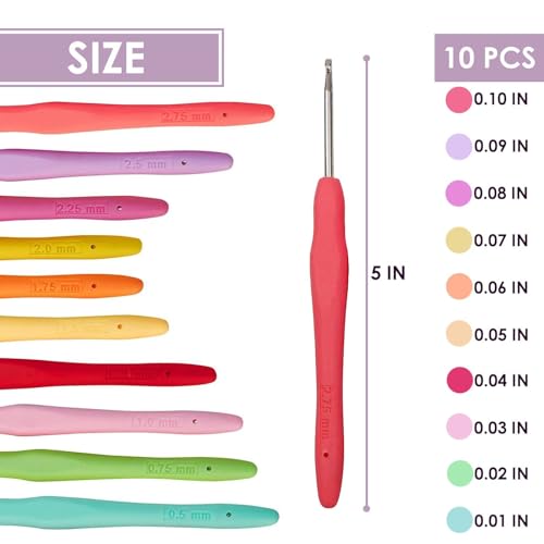 10Pcs Knitting Needles Crochet Hook - Multicolor Ergonomic Crochet Hooks Set - Rubber Handled Aluminum Crochet Hooks - Small Crochet Hooks Knitting Kit for Beginners Crochet Kit for Crocheting Yarn
