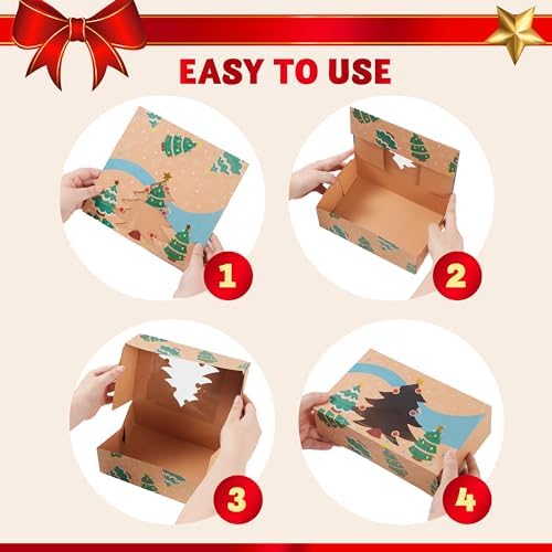 JOYIN 12 Foiled Kraft Christmas Cookie Boxes with Window 8.5" x 5.75" x 2.75", Treat Boxes with 3 Designs for Pastries, Cupcakes, Brownies, Gift-Giving, Doughnut and Cookie, Brown Kraft Bakery Boxes