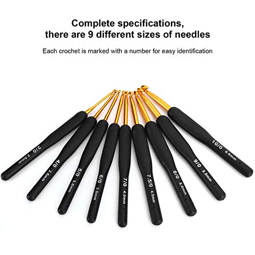 9Pcs Crochet Hook Set 2.0mm - 6.0mm Knitting & Crochet Supplies with Ergonomic Handle Crochet Hooks Kit for Arthritic Hands Sweater Sewing Thread Black Handle Craft Accessories Knitting Tools