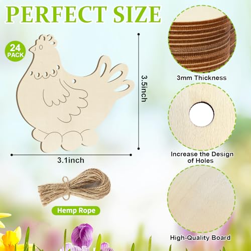Wooden Easter Ornaments to Paint Spring Decoration Hen Cutouts Unfinished 24PCS 3.5 inches, DIY Blank Unfinished Christmas Tree Wood Discs Ornament for Home Crafts Hanging