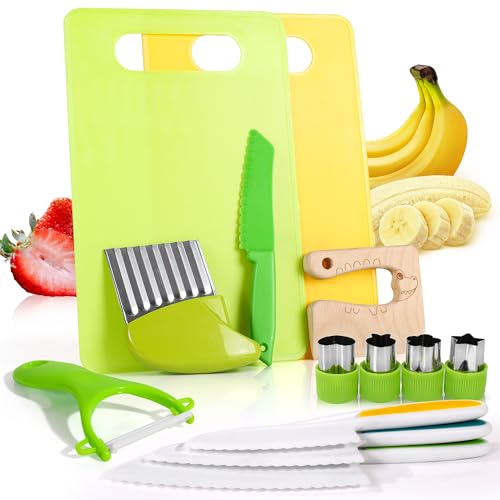 13 Pieces Montessori Kitchen Tools Cookware Baking Toy for Toddlers Kids, Toddler Safe Knife Set for Real Cooking, Cutting Boards, Crinkle Cutter, Serrated Edges and Wooden Safe Knives