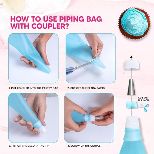 Riccle Piping Bags and Tips Set, 12 Inch 100 Anti Burst Piping Bags, Cake Decorating Kit with 18 Piping Tips, 1 Reusable Pastry Bags, 3 Cake Scrapers, 2 Couplers, and 2 Icing Bags Ties