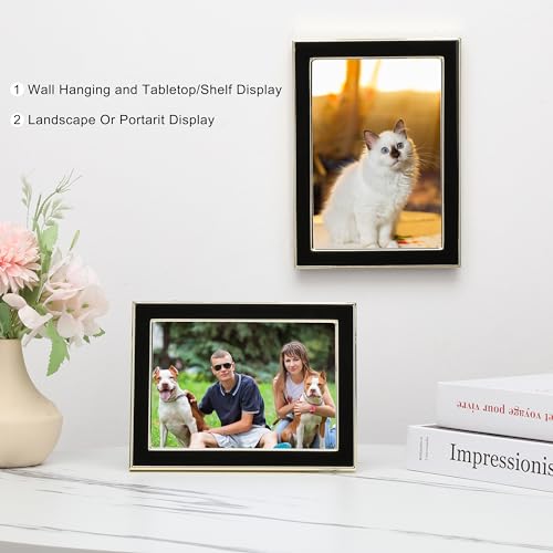 4x6'' Gold Metal Edge frames with Black Enamel set of 2, 6x4''Gold/Black Frame with Easel, Velvet Backing for Countertop, Tabletop Display, Bookshelf, Desk, 4x6''Wall Frames, (4x6'' Black/Gold)