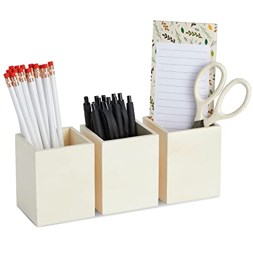 3 Pack Unfinished Wood Pencil Holder Cups for Office - Pen Accessories Organizer and Storage for Classroom Desk (3 in)
