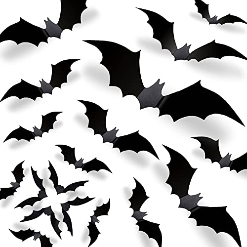 Halloween 3D Bats Wall Decor - 70 Pcs 5 Different Sizes Matte Black Reusable PVC Scary Bat Stickers Vintage Goth Wall Decals for Home Door Indoor Outdoor Party Decorations