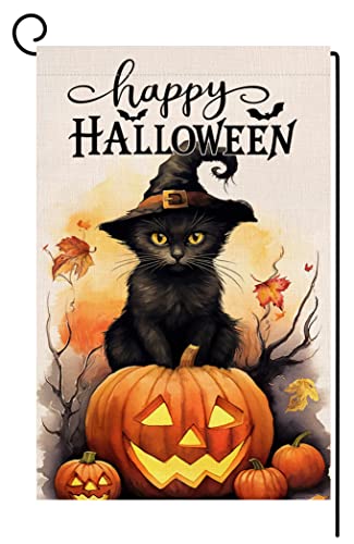 BLKWHT Halloween Cat Garden Flag 12x18 Vertical Double Sided Happy Halloween Pumpkin Holiday Outside Decorations Burlap Yard Flag BW479