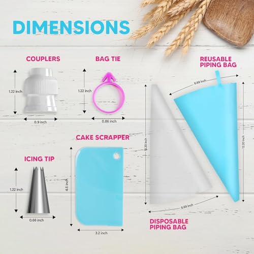 Riccle Piping Bags and Tips Set, 12 Inch 100 Anti Burst Piping Bags, Cake Decorating Kit with 18 Piping Tips, 1 Reusable Pastry Bags, 3 Cake Scrapers, 2 Couplers, and 2 Icing Bags Ties
