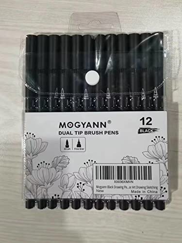 Mogyann Drawing Pens, 12 Pack Dual Brush Pens Black Markers for Art Drawing Sketching