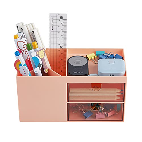 LETURE Office Desk Organizer with drawer, Office Supplies and Desk Accessories, Business Card/Pen/Pencil/Mobile Phone/Stationery Holder Storage Box (Pink)