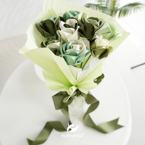 HUIHUANG Sage Green Ribbon 1-1/2 inch Light Sage/Dusty Sage/Moss Green/Antique White Satin Ribbon Set for Flower Bouquet, Gift Wrapping, Hair Bows, Crafts, Eternal Flowers- 6 Rolls