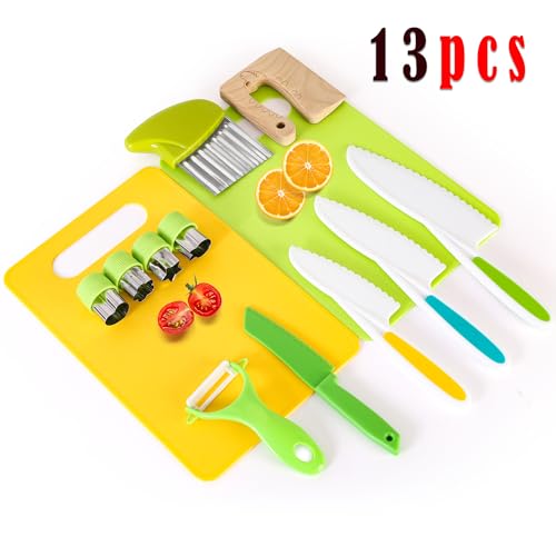 13 Pieces Montessori Kitchen Tools Cookware Baking Toy for Toddlers Kids, Toddler Safe Knife Set for Real Cooking, Cutting Boards, Crinkle Cutter, Serrated Edges and Wooden Safe Knives