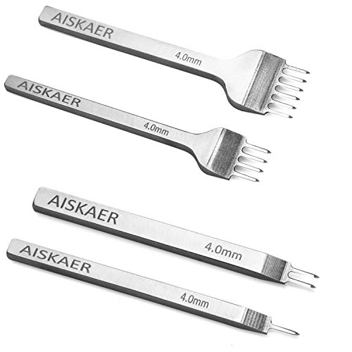 Aiskaer Leather Stitching Punch Diamond Stitching Chisel Set, 4mm White Steel 1/2/4/6 Prong for Leather Craft DIY