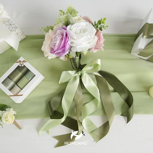 HUIHUANG Sage Green Ribbon 1-1/2 inch Light Sage/Dusty Sage/Moss Green/Antique White Satin Ribbon Set for Flower Bouquet, Gift Wrapping, Hair Bows, Crafts, Eternal Flowers- 6 Rolls