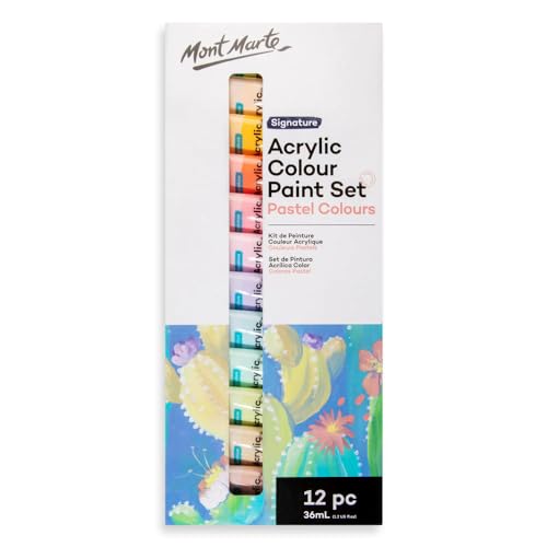 Mont Marte Acrylic Colour Pastel Paint Set Signature 12pc x 36ml (1.2 US fl.oz), Creamy Pastel Acrylic Paint Set, Good Coverage, Semi-Matte Finish, Ideal For Most Art and Craft Surfaces.