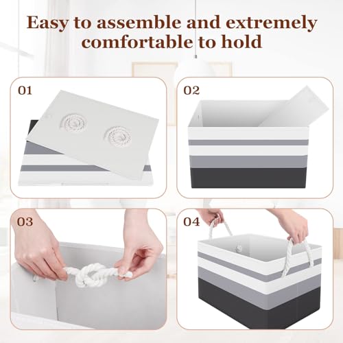 StorageTastic Storage Bin,Collapsible Storage Basket For Organizing,Large Storage Boxes With Rope Handles,Storage Containers,Clothes Organizer,Gradient Grey,Pack of 3