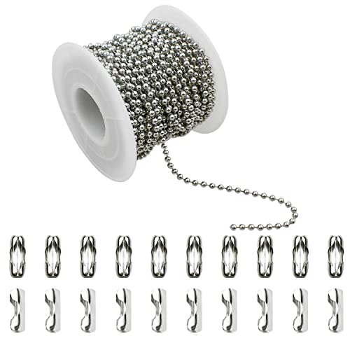 32.8 Feet Stainless Steel Ball Beaded Chain Necklace Chains for Making Jewelry with 20 Pieces Matching Connectors Silver Color Metal Pull Chain Roll Spool Ball for Dog Tag DIY (2.4mm in Diameter)