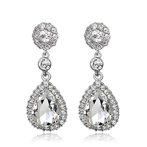Gorgeous Austrian Cut Crystal Rhinestone Pierced Wedding Bridal Teardrop Drop Dangle Earrings (pierced-white)