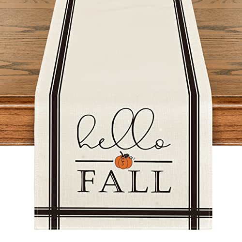 Artoid Mode Hello Fall Pumpkin Table Runner, Seasonal Harvest Vintage Thanksgiving Kitchen Dining Table Decoration for Indoor Outdoor Home Party Decor 13 x 72 Inch