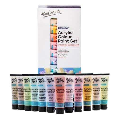 Mont Marte Acrylic Colour Pastel Paint Set Signature 12pc x 36ml (1.2 US fl.oz), Creamy Pastel Acrylic Paint Set, Good Coverage, Semi-Matte Finish, Ideal For Most Art and Craft Surfaces.