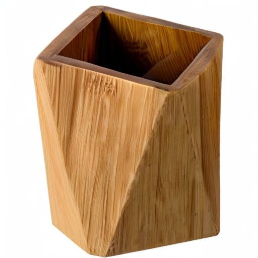 Bamboo Wood Pen Holder Stand for Desk Geometric Pencil Cup Pot Cute Desktop Office Supplies, Makeup Brushes Organizer (Bamboo)