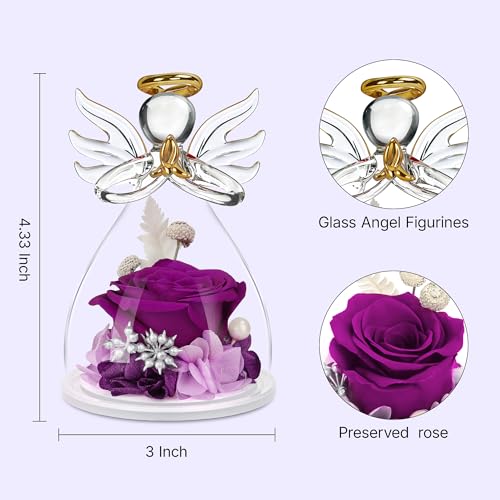 Mothers Day Mom Gifts for Her,Preserved Flowers Rose in Glass Angel Figurines,Birthday Gifts for Women,Mothers Present from Daughter,Purple Flowers Angels for Grandma Wife Sister Girlfriend Valentines