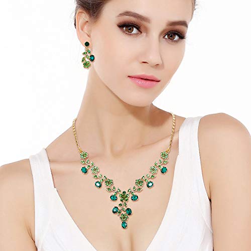 EVER FAITH Wedding Jewelry Set for Bride Austrian Crystal Cluster Flower Leaf Necklace Earrings Set Green Gold-Tone