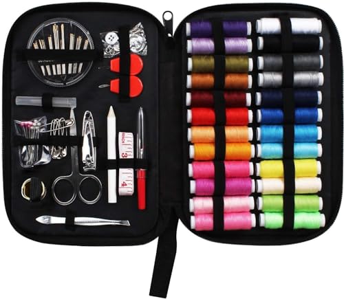 JUNING Sewing Kit with Case, 130 pcs Sewing Supplies for Home Travel and Emergency, Kids Machine, Contains 24 Spools of Thread, Mending and Sewing Needles, Scissors, Thimble, Tape Measure etc