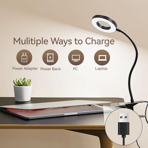 LED Desk Lamp Clip on Light with 3 Color Modes 10 Brightness Ring/Clamp Light 360° Flexible Gooseneck Dimmable Eye Protection Desk Light Desk Lamps for Home Office with Video Tutorials
