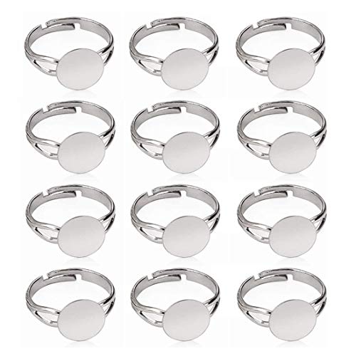LANBEIDE 40 Pcs Blank Rings- Silver Plated Adjustable Flat 12mm Ring Base Blank Jewelry Findings