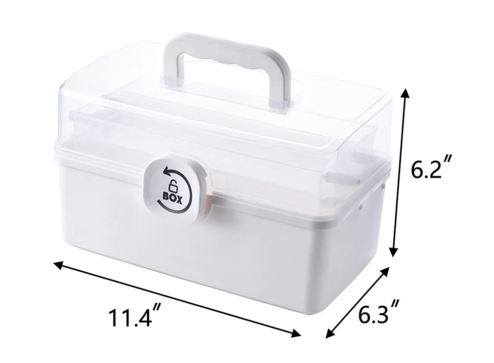 Sooyee Plastic Storage Box with 3-Tier Fold Tray,Tool Organizer Portable Handled Case,Portable Lockable Container for Arts, Crafts,Cosmetic, Sewing, Toy, Washi Tape, Legom,Clear/White