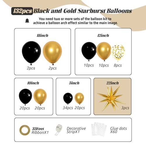 FOTIOMRG Black and Gold Balloons Garland Arch Kit, 5 10 12 18inch Black Gold Confetti Latex Balloons for Graduation New Year Anniversary Birthday Party Decorations