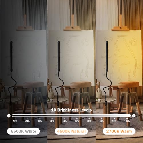 LED Desk Lamp with Clamp, Clamp Light with 30 Adjustable Color Modes, Clip on Light with Long Flexible Gooseneck, Eye Care Lamp Clamp for Study, Work, Home, Office, Black, 12W