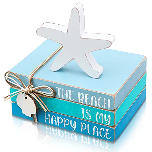 4 Pcs Starfish Shell Beach Tiered Tray Beach Blue Wooden Book Decor Wood Stacked Book Table Centerpiece for Summer Rustic Farmhouse Home Living Room Decorative(Starfish Shell)