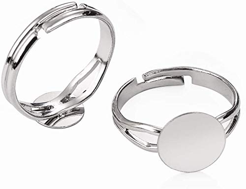 LANBEIDE 40 Pcs Blank Rings- Silver Plated Adjustable Flat 12mm Ring Base Blank Jewelry Findings