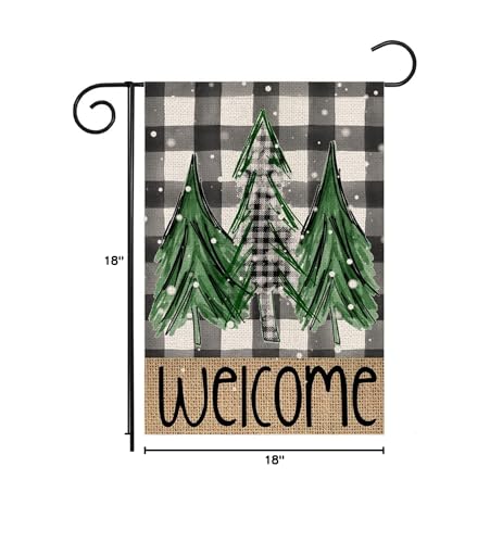 Welcome Christmas Trees Winter Garden Flag 12 x 18 Inch Vertical Double Sided Buffalo Plaid Holiday Yard Outside Xmas Décor