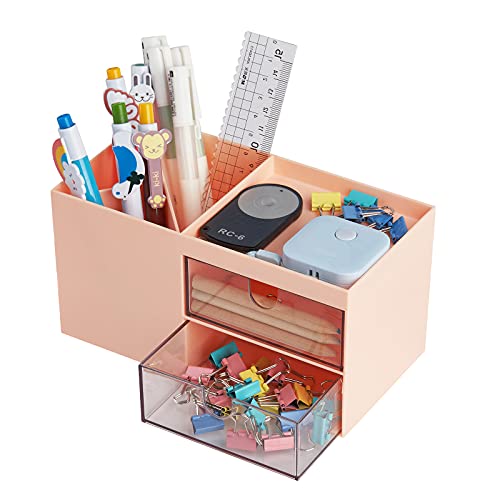LETURE Office Desk Organizer with drawer, Office Supplies and Desk Accessories, Business Card/Pen/Pencil/Mobile Phone/Stationery Holder Storage Box (Pink)