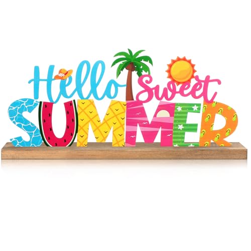 Hello Sweet Summer Metal Sign Rustic Table Decor Holiday Tiered Tray Decor with Wooden Base Freestanding Metal Word Sign for Home Tabletop Centerpiece Mantel Shelf Fireplace