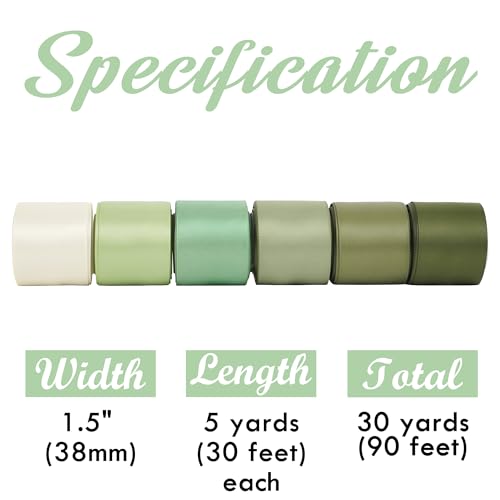 HUIHUANG Sage Green Ribbon 1-1/2 inch Light Sage/Dusty Sage/Moss Green/Antique White Satin Ribbon Set for Flower Bouquet, Gift Wrapping, Hair Bows, Crafts, Eternal Flowers- 6 Rolls
