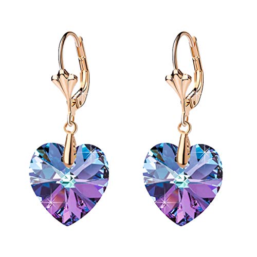 Austrian Crystal Heart Drop Leverback Earrings for Women Fashion Dangle Earring 14K Rose Gold Plated Hypoallergenic Jewelry (Vitrail Light)
